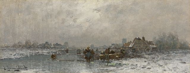 Jungblut J.  | Fish market on a frozen river in Holland, oil on canvas 18.8 x 48.0 cm, signed l.l.