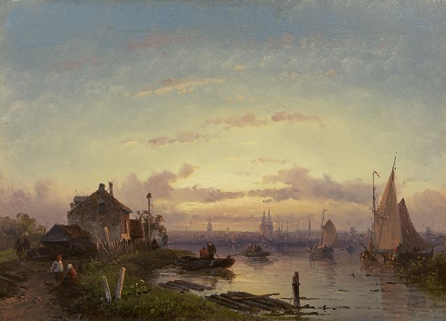 Charles Leickert | A river scene at sunset, oil on panel, 21.9 x 30.6 cm, signed l.r. and painted 1855-1865