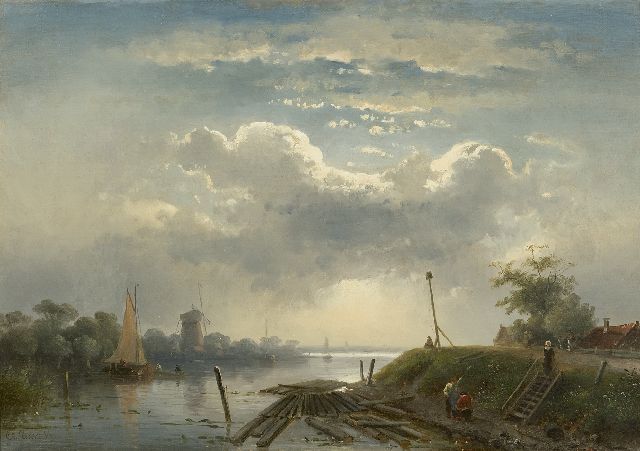 Leickert C.H.J.  | A river landscape in summer, oil on canvas 30.2 x 41.7 cm, signed l.r.