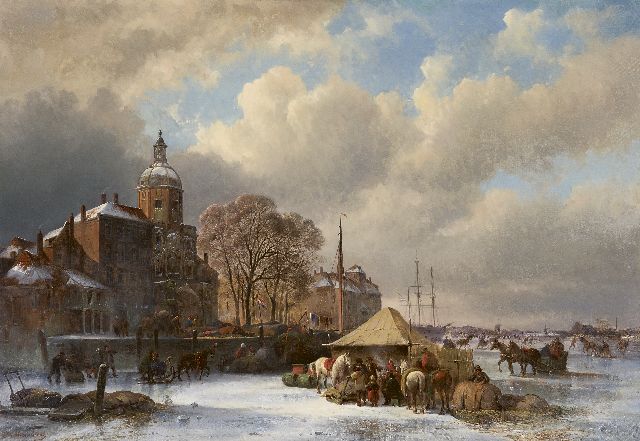 Moerenhout J.J.  | A frozen Dutch riverscene near the Groothoofd, Dordrecht, oil on canvas 66.5 x 95.5 cm, signed l.l.