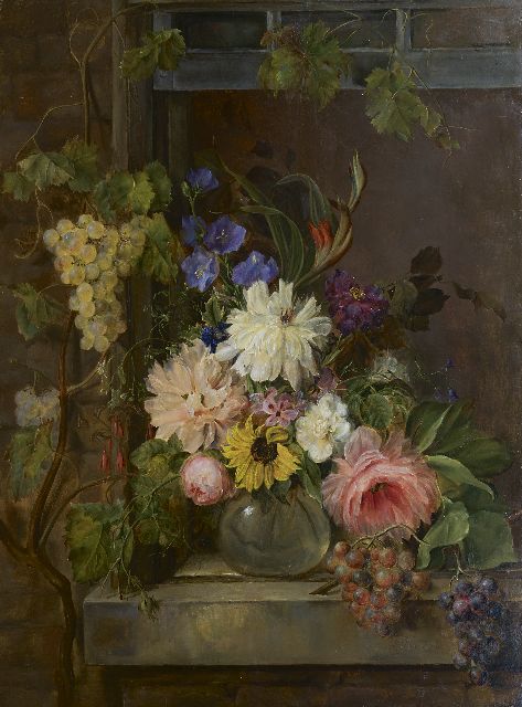 Os G.J.J. van | A still life with flowers and grapes, oil on panel 97.0 x 75.5 cm, signed l.r. and dated 1809