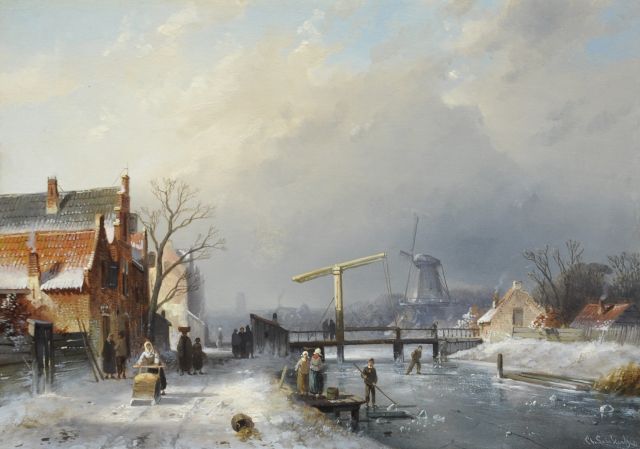 Leickert C.H.J.  | A Dutch town in winter with skaters, oil on panel 25.8 x 35.9 cm, signed l.r.