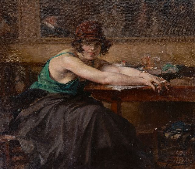 Jean Gouweloos | Lady at a cafe table, oil on canvas, 70.5 x 80.4 cm, signed l.r.