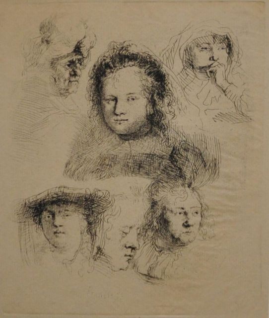 Rembrandt (Rembrandt Harmensz. van Rijn)   | Studies of the head of Saskia and others, etching 15.1 x 12.6 cm, signed l.l. in the plate and dated 1636 in the plate