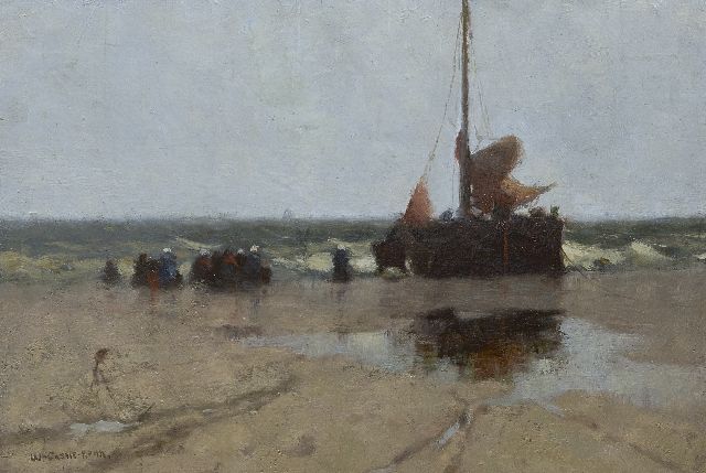 Walter Castle Keith | Fishing barge on the beach of Katwijk, oil on canvas laid down on board, 26.5 x 38.7 cm, signed l.l.