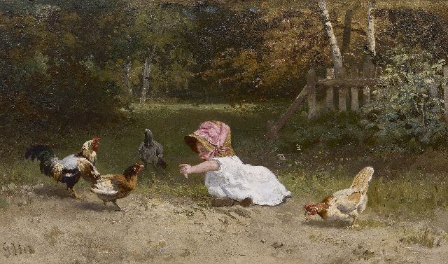 Gerardus Johannes Bos | A child playing with chickens, oil on panel, 22.4 x 38.2 cm, signed l.l.