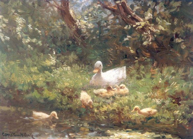 Constant Artz | Duck with ducklings watering, oil on panel, 18.2 x 24.2 cm, signed l.l.
