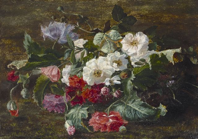 Hollandse School, 19e eeuw | Roses and poppies on the forest ground, oil on canvas, 45.0 x 62.8 cm, signed l.r. and dated 1866