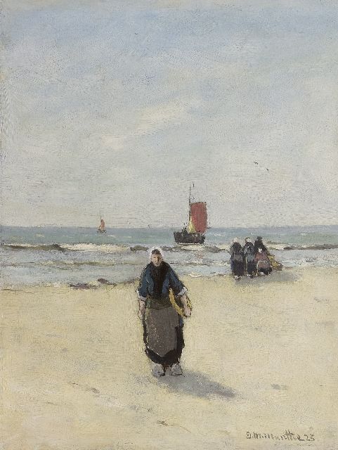Morgenstjerne Munthe | Fishing folk  on the beach, oil on painter's board, 30.8 x 23.7 cm, signed l.r. and dated '23