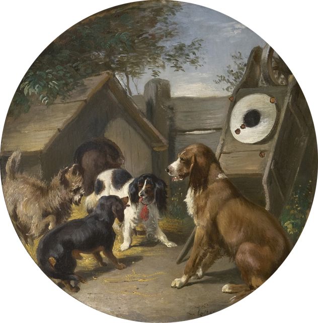Ludwig Voltz | Four dogs near a shed, oil on paper laid down on panel, 24.8 x 24.6 cm, signed l.r.
