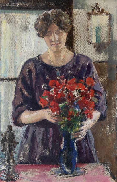 Max Rimböck | Arranging poppies in a vase, oil on canvas, 103.5 x 67.1 cm, signed l.l. and dated '34