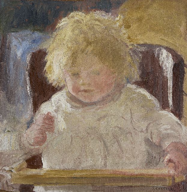 Cossaar J.C.W.  | Girl in a high chair, oil on canvas laid down on panel 44.0 x 42.7 cm, signed l.r.