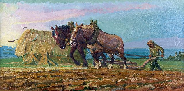 Herman Gouwe | Ploughing horses and farmer, oil on canvas, 43.3 x 85.5 cm, signed l.l.