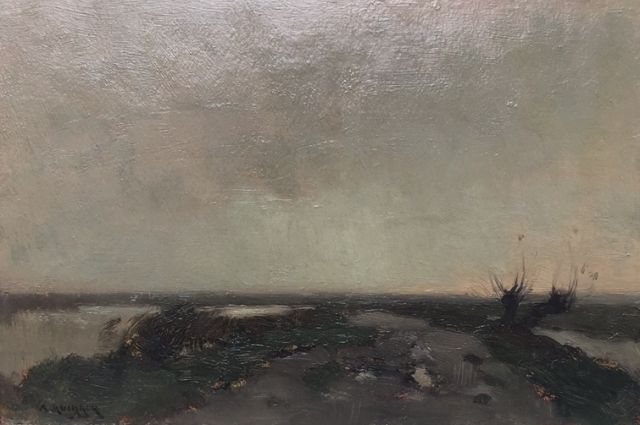 Knikker A.  | A Dutch polder landscape, oil on board laid down on panel 17.3 x 26.2 cm, signed l.l.