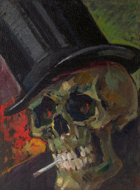 Hollandse School, ca. 1900   | Skull with  cigarette and top-hat (memento mori), oil on canvas 59.9 x 44.8 cm, gesigneerd Ch. Brees and 1892