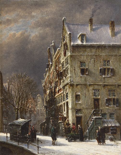 Vertin P.G.  | A snowy street with a stall and a vegetable seller, oil on panel 37.3 x 29.5 cm, signed l.c. and dated '76