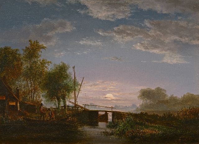 Jacob Abels | Fishermen in a moonlit river landscape, oil on panel, 21.5 x 29.3 cm, signed l.r.