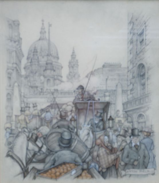 Anton Pieck | Carriages in Fleet Street, London, pencil and watercolour on paper, 23.2 x 19.3 cm, signed l.r.