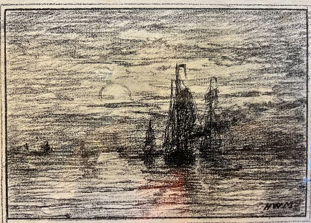 Hendrik Willem Mesdag | Ships at sunset, lithograph, 12.5 x 17.5 cm, signed l.r.