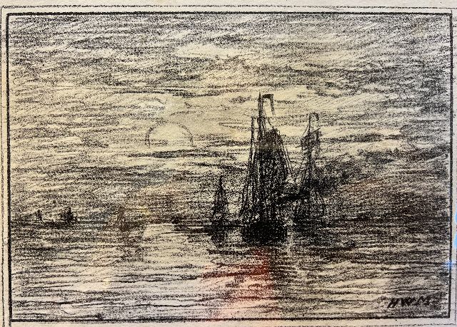 Mesdag H.W.  | Ships at sunset, lithograph 12.5 x 17.5 cm, signed l.r.