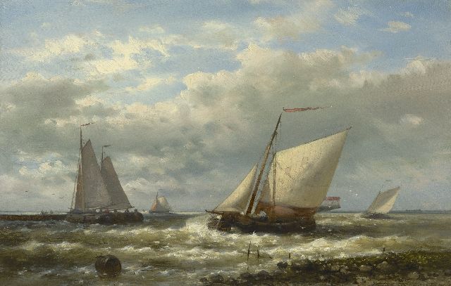 Abraham Hulk | Sailing vessels on the Zuiderzee, oil on panel, 20.2 x 30.7 cm, signed on the reverse