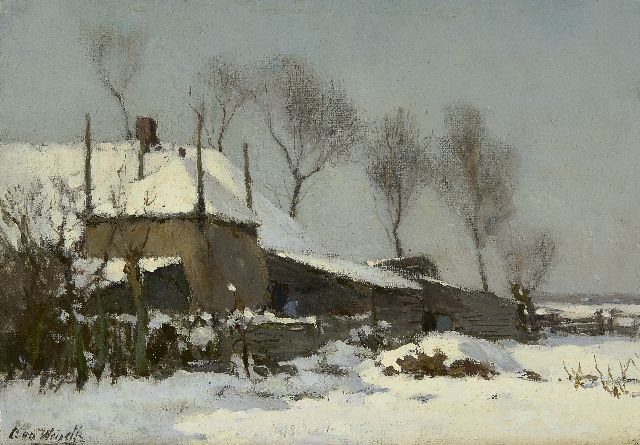 Windt Ch. van der | A farm in the snow, oil on canvas laid down on panel 21.5 x 29.7 cm, signed l.l.