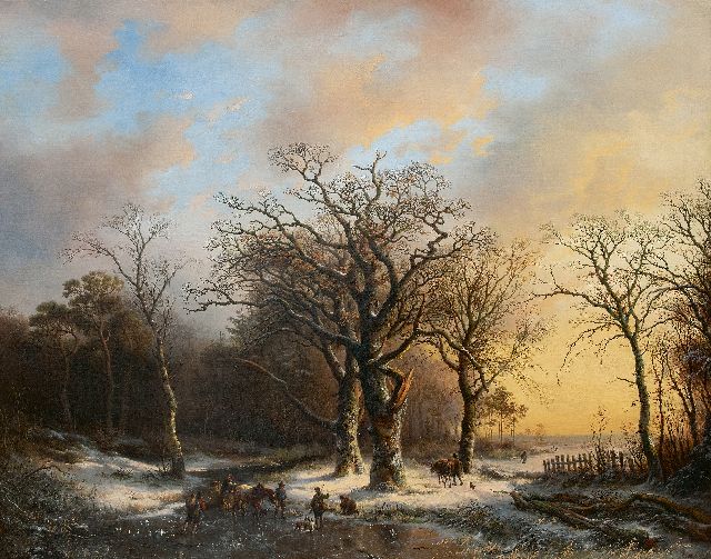 Willem Bodeman | Meeting on the ice at sunset, oil on canvas, 84.6 x 106.3 cm, signed l.r. 'Bodeman' (landscape) and 'EV' on the barrel and painted ca. 1846