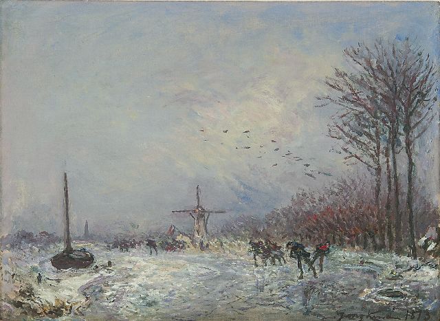 Jongkind J.B.  | Dutch canal with skaters, oil on canvas 25.2 x 35.3 cm, signed l.r. and dated 1873