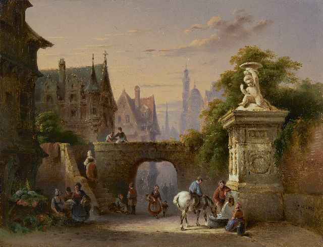 Jan David Geerling | A town view with figures, oil on canvas, 27.3 x 35.9 cm, signed l.r. and dated 1852