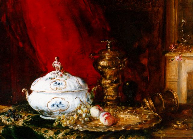 Antoine Vollon | A still life with a porcelain tureen, oil on canvas, 38.8 x 47.0 cm, signed l.l.