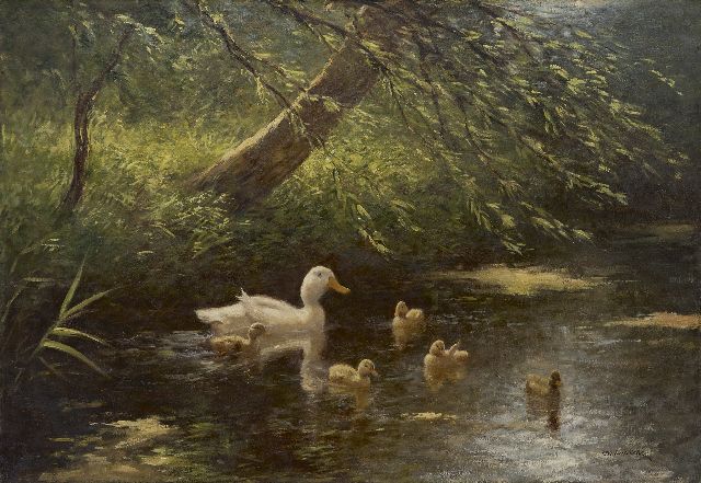 Constant Artz | Duck with ducklings in a ditch, oil on canvas, 65.4 x 95.4 cm, signed l.r.