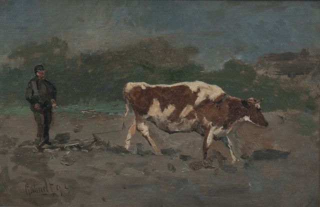 Gabriel P.J.C.  | A ploughing farmer, oil on canvas laid down on panel 22.3 x 33.0 cm, signed l.l. and dated '92