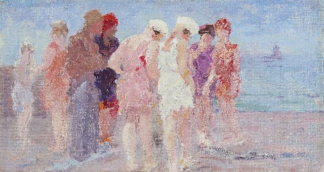 Willem Vaarzon Morel | At the beach, oil on canvas, 19.9 x 37.0 cm