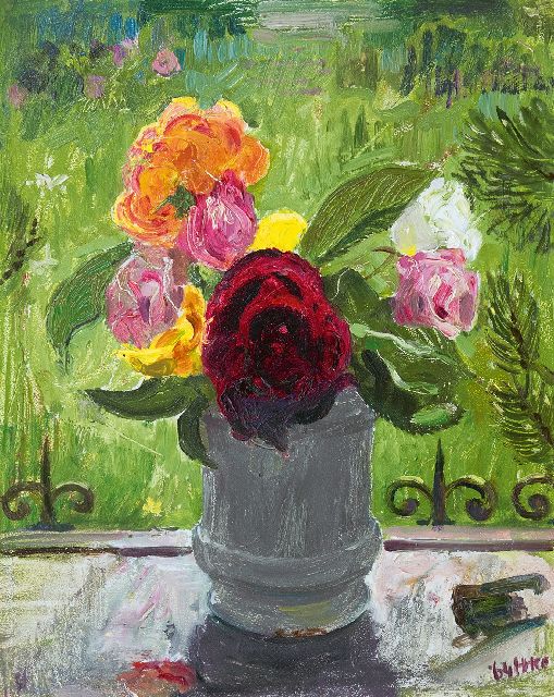 Kamerlingh Onnes H.H.  | Roses on a window sill, oil on panel 30.5 x 24.6 cm, signed l.r. with monogram and dated '64