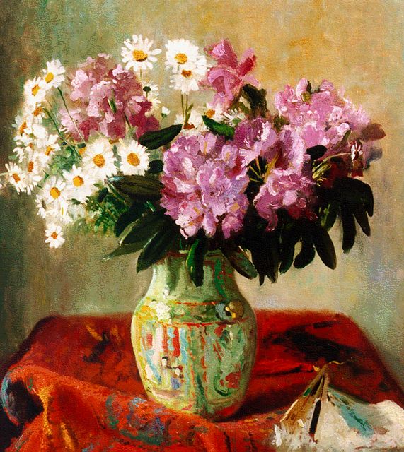 Louis de Winter | Rhodondendrons and daisies in a vase, oil on canvas, 74.0 x 64.0 cm, signed l.r.