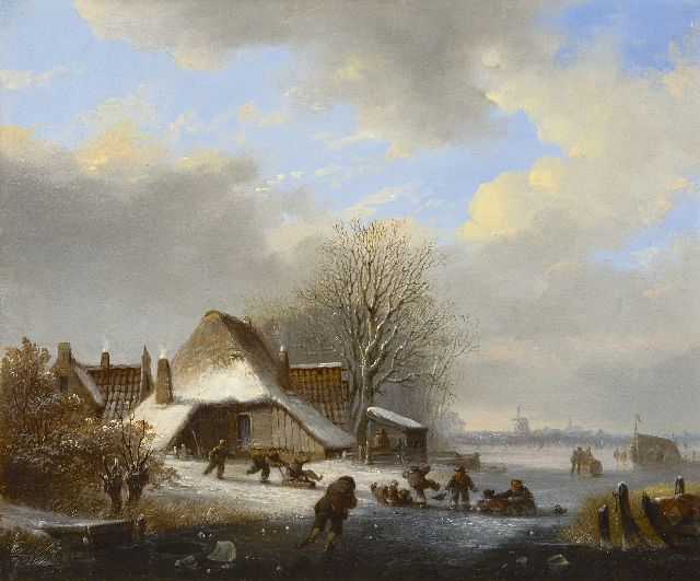 Stok J. van der | Skaters and sledges on a frozen river, oil on panel 26.3 x 31.9 cm, signed l.r.