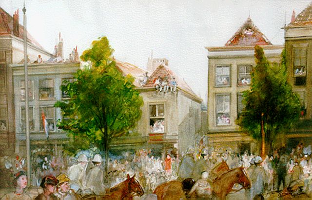 Bakker F.  | Funeral procession of 'Prins Hendrik' , 't Spui The Hague, watercolour on paper 34.0 x 52.5 cm, signed l.r. and dated 1934