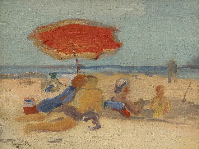 Smith A.  | Beach scene, oil on canvas laid down on board 19.5 x 25.5 cm, signed l.l.