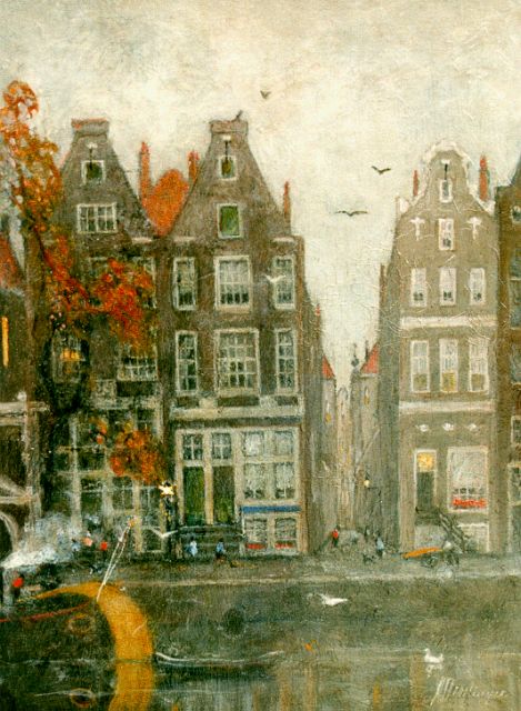 Marinus Dittlinger | Houses along a canal, Amsterdam, oil on panel, 32.5 x 23.6 cm, signed l.r.