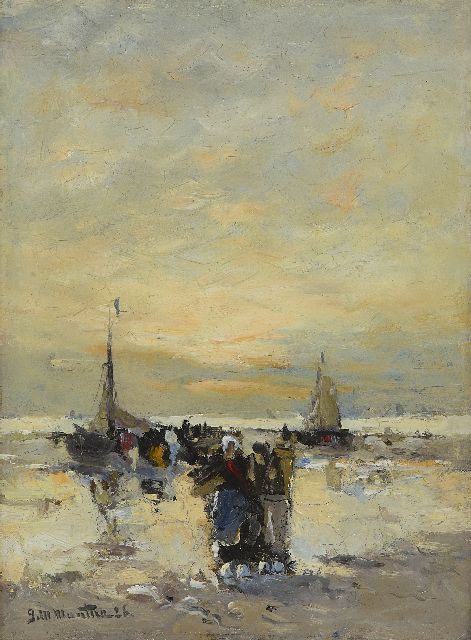 Morgenstjerne Munthe | Fisher folk on the beach, oil on painter's board, 24.0 x 17.9 cm, signed l.l. and dated '26