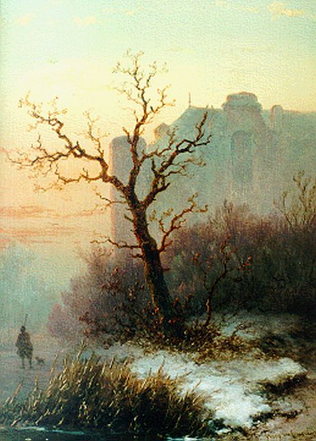 John Franciscus Hoppenbrouwers | A hunter at dawn, oil on panel, 23.2 x 17.2 cm, signed l.r. and dated '57