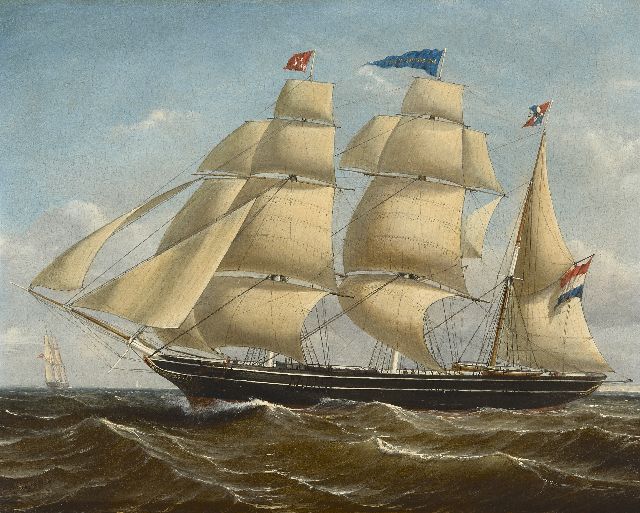 Petrus Paulus Schiedges | The threemaster Burgemeester Van Rheenen, sailing downwind, oil on panel, 40.0 x 50.8 cm, signed l.l. and dated 1858
