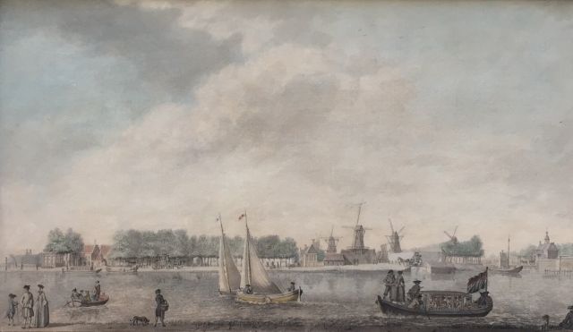 Hollandse School, 18e eeuw | A view of the Singelgracht, Amsterdam, with the Utrechtse Poort, watercolour on paper, 21.7 x 37.0 cm