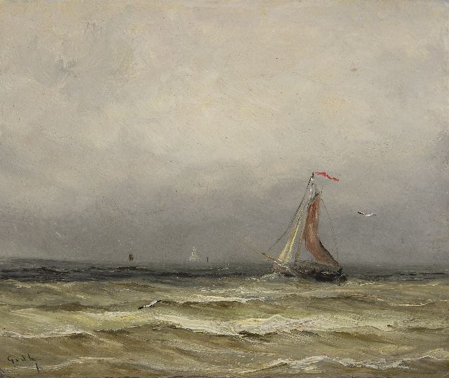 Laan G. van der | Fishing ship from Scheveningen at sea, oil on painter's board 15.7 x 18.6 cm, signed l.l. with initials