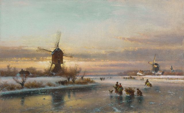 Lodewijk Johannes Kleijn | A winter landscape with skaters by a windmill, oil on canvas, 50.1 x 80.0 cm, signed l.l.