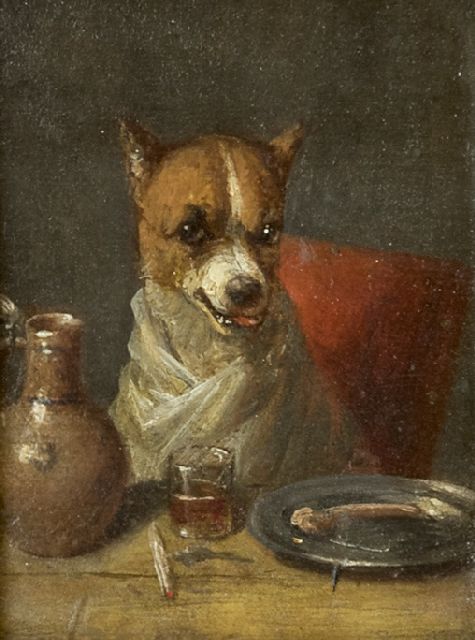 Eycken Ch. van den | The gourmet: a dog at the table, oil on panel 7.5 x 5.6 cm, signed u.l. with monogram and dated '77