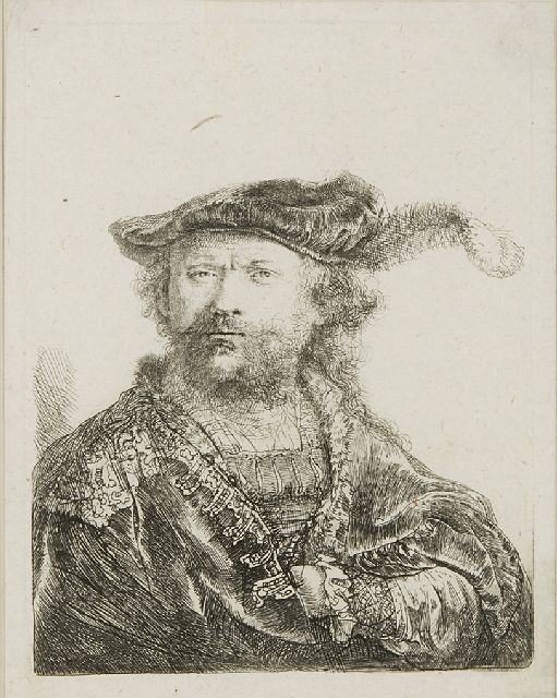 Rembrandt | A self-portrait in a velvet cap with feather, etching on paper, 13.5 x 10.4 cm