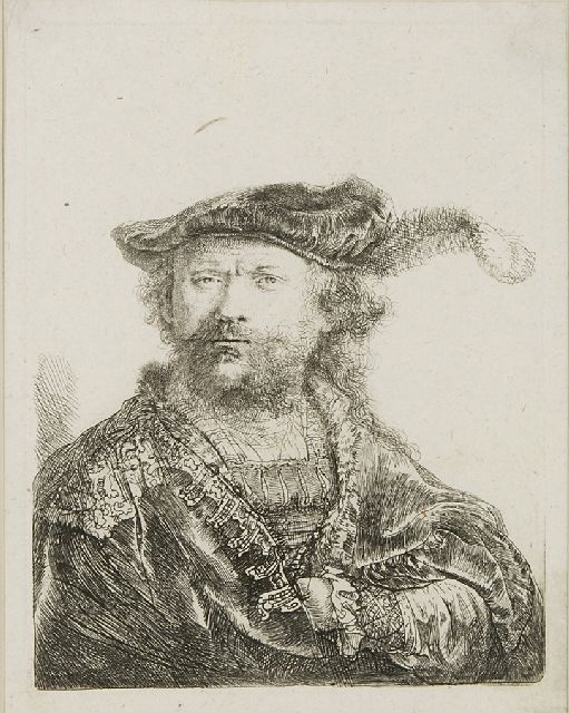 Rembrandt (Rembrandt Harmensz. van Rijn)   | A self-portrait in a velvet cap with feather, etching on paper 13.5 x 10.4 cm