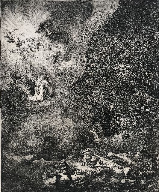 Rembrandt | The Angel appearing to the Shepherds, etching, 26.2 x 21.7 cm, signed l.r. and dated in the plate 1634