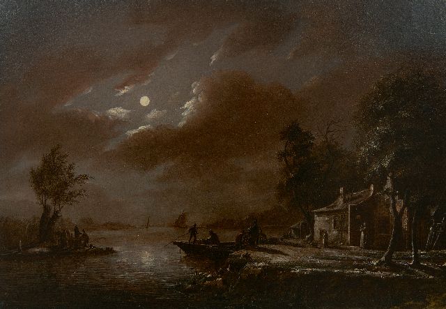 J.B. van Heijningen | A ferry in a moonlit landscape, oil on panel, 20.5 x 29.2 cm, signed l.l. and without frame